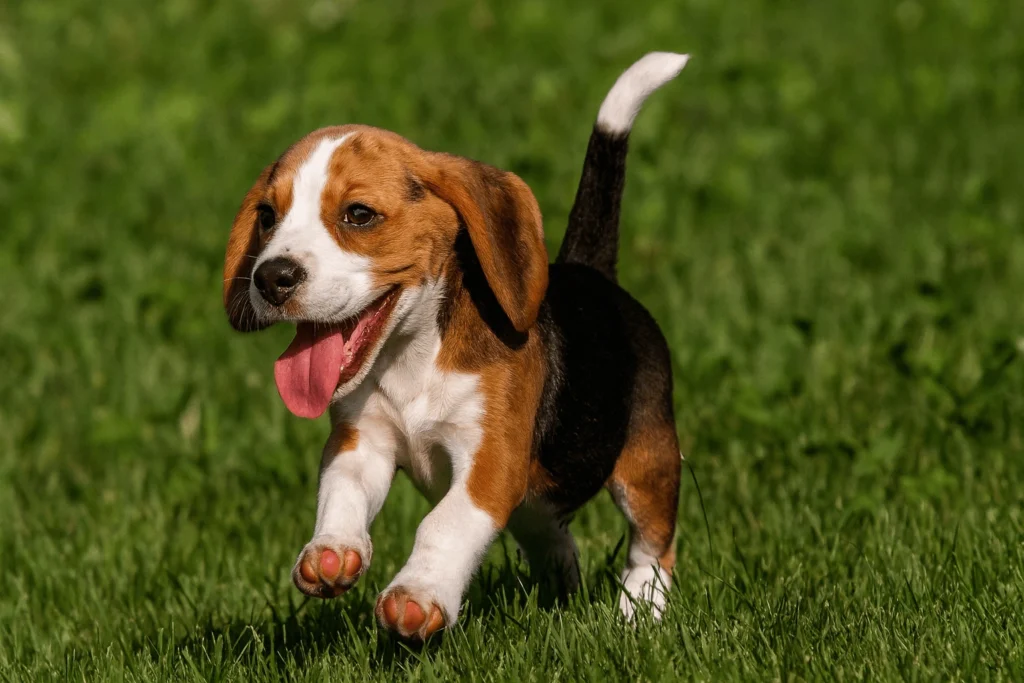 Beagle Puppy playing outside on the grass