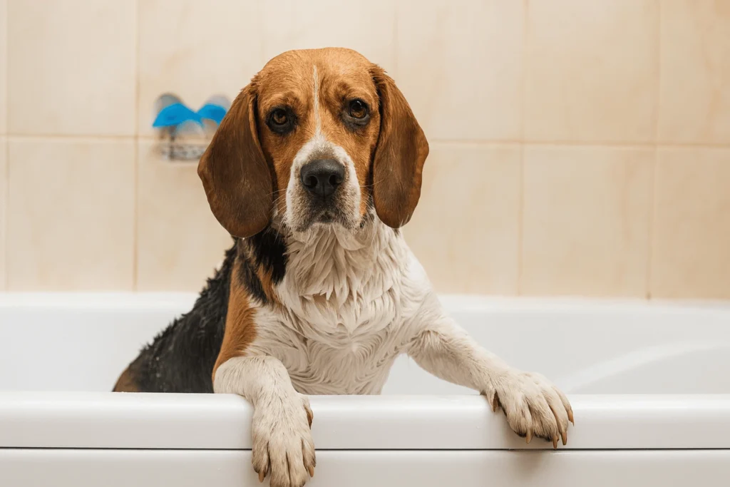 Beagle in a bath tub