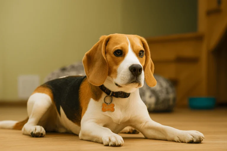 Beagle sitting in an apartment
