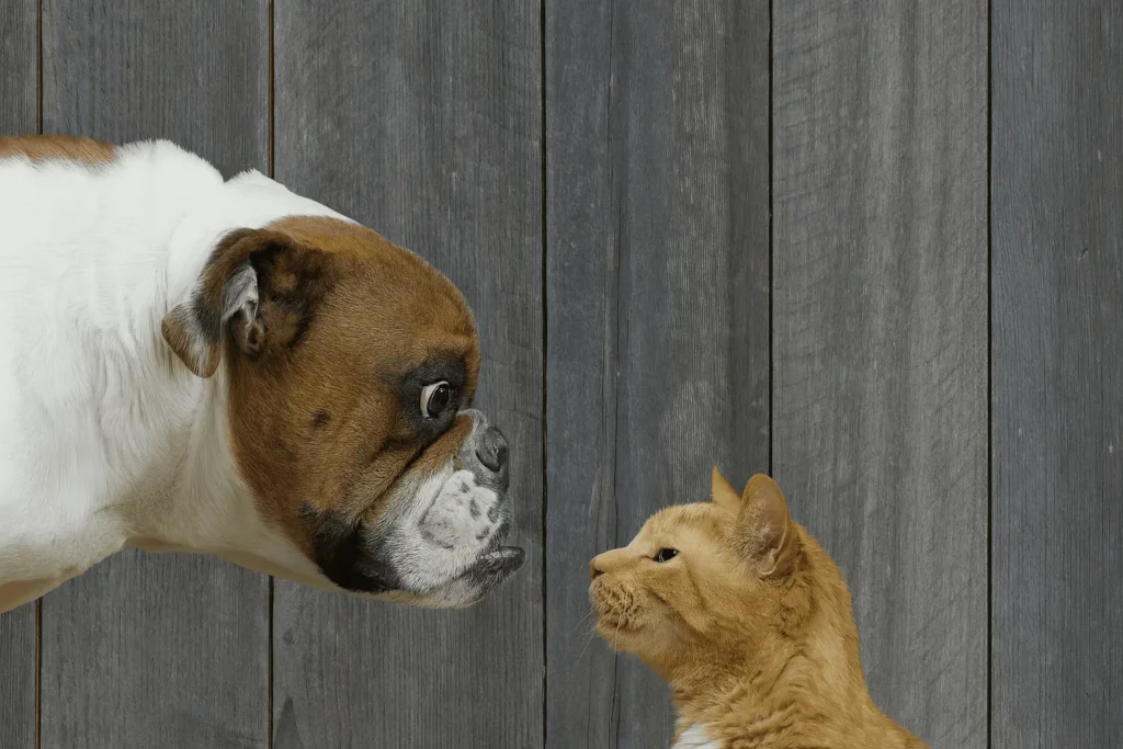 Bulldog and cat looking at each other