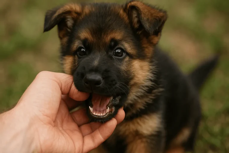 German Shepherd Puppy biting it's owners hand