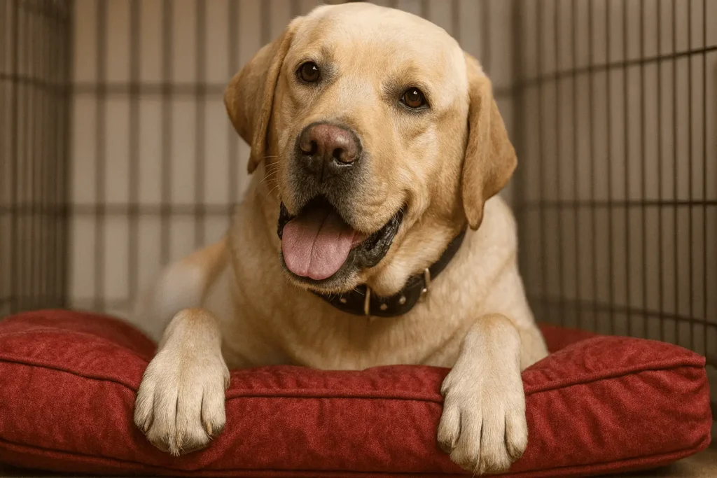 Labrador Retriever resting inside a crate