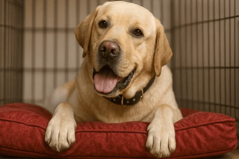 Labrador Retriever resting inside a crate