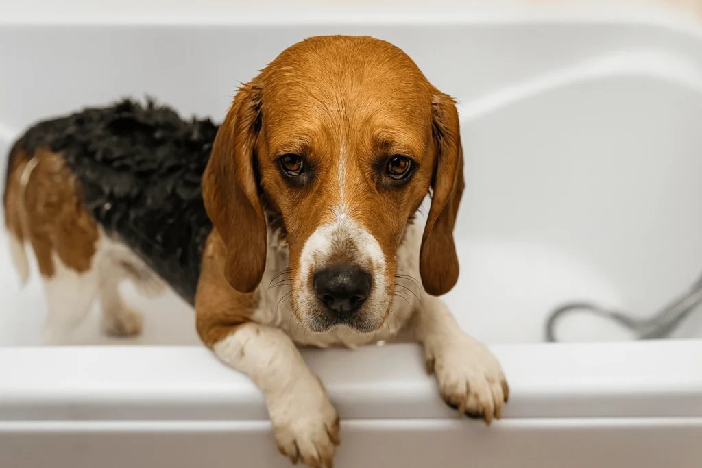 wet Beagle in a bathtub